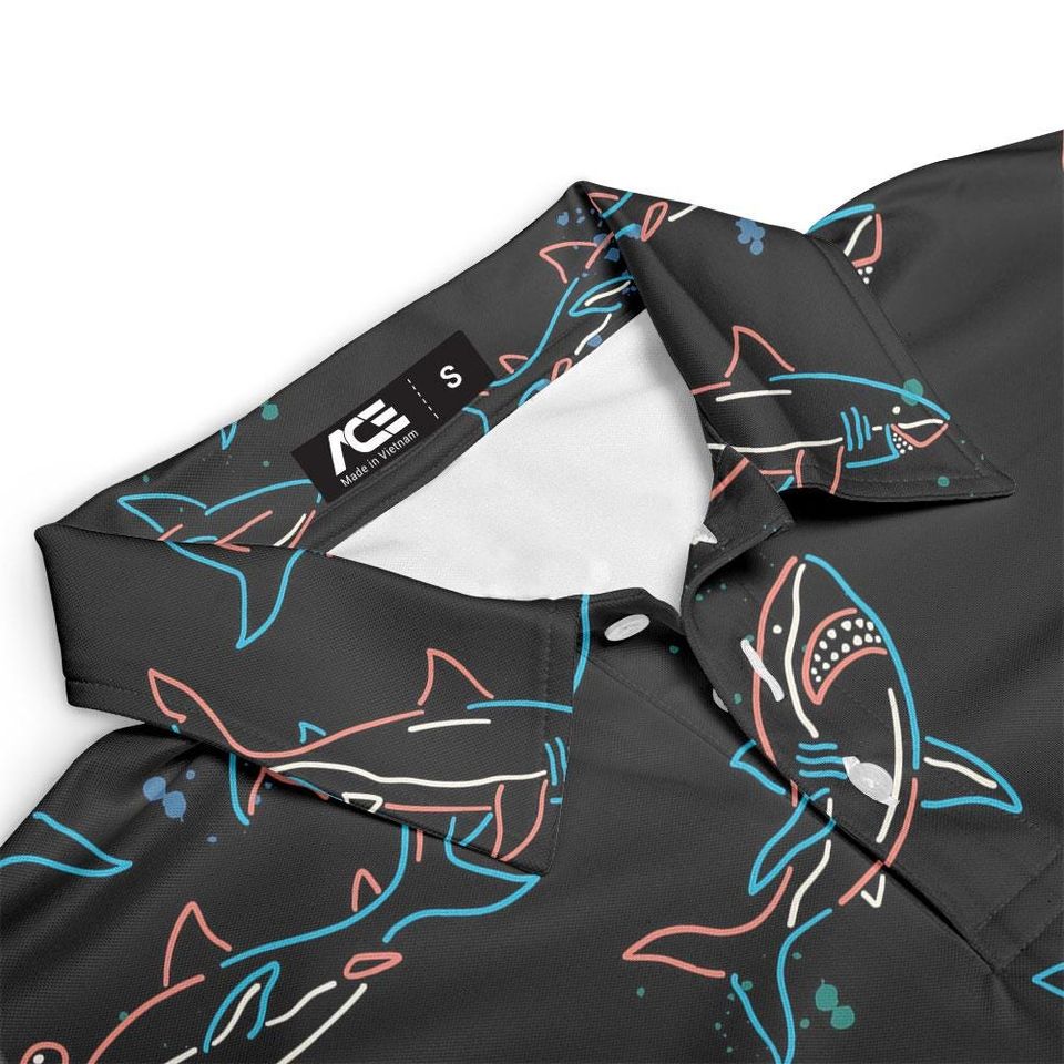 Shark Floral Men's Polo Shirt, Summer Short Sleeve Button-Up Golf Shirt