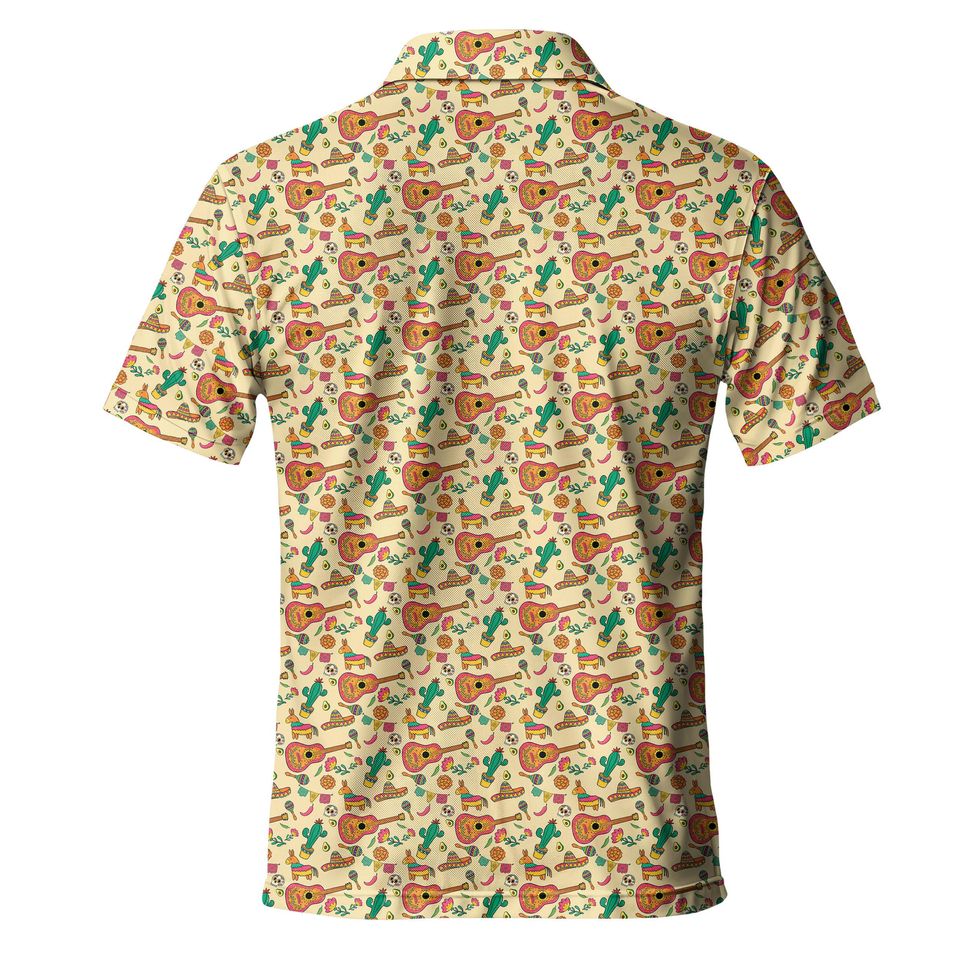 Vintage Mariachi Guitar Piata Mexico Polo, Hawaiian Golf Vacation Top, Cinco de Mayo Mens