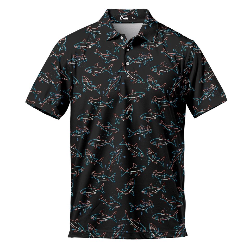 Shark Floral Men's Polo Shirt, Summer Short Sleeve Button-Up Golf Shirt