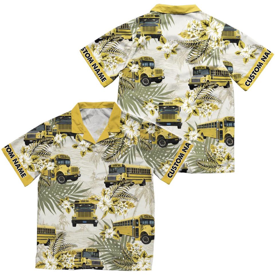 Personalized School Bus Hawaiian Shirt with Custom Name Button Down
