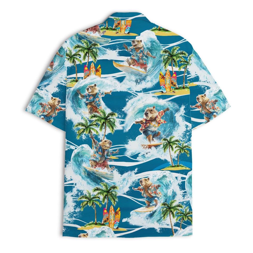 Funny Capybara Surfing Hawaiian Shirt For Men Pattern Summer Beach Mens Hawaiian