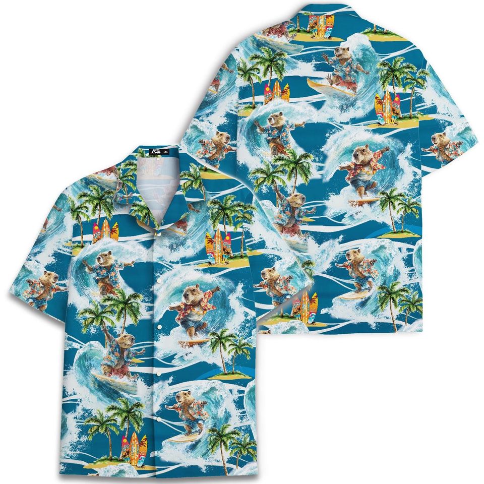Funny Capybara Surfing Hawaiian Shirt For Men Pattern Summer Beach Mens Hawaiian
