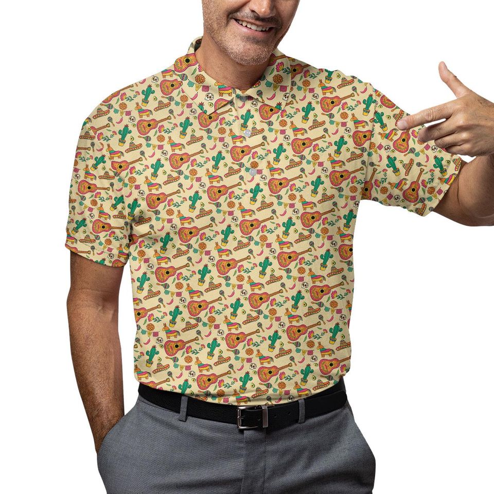 Vintage Mariachi Guitar Piata Mexico Polo, Hawaiian Golf Vacation Top, Cinco de Mayo Mens