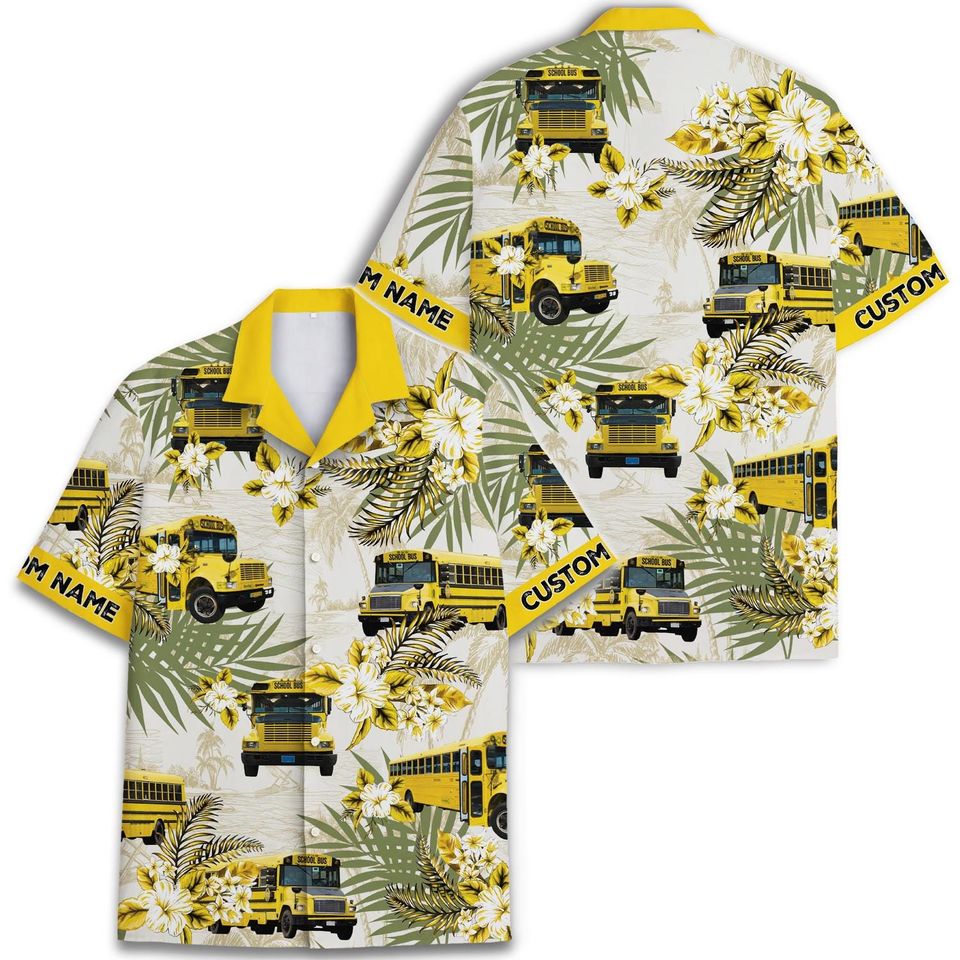 Personalized School Bus Hawaiian Shirt with Custom Name Button Down
