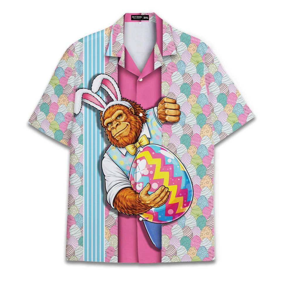 Bigfoot Easter Hawaiian Shirt for Men, Sasquatch Egg Hunt Vacation Shirt, Happy Easter Gift