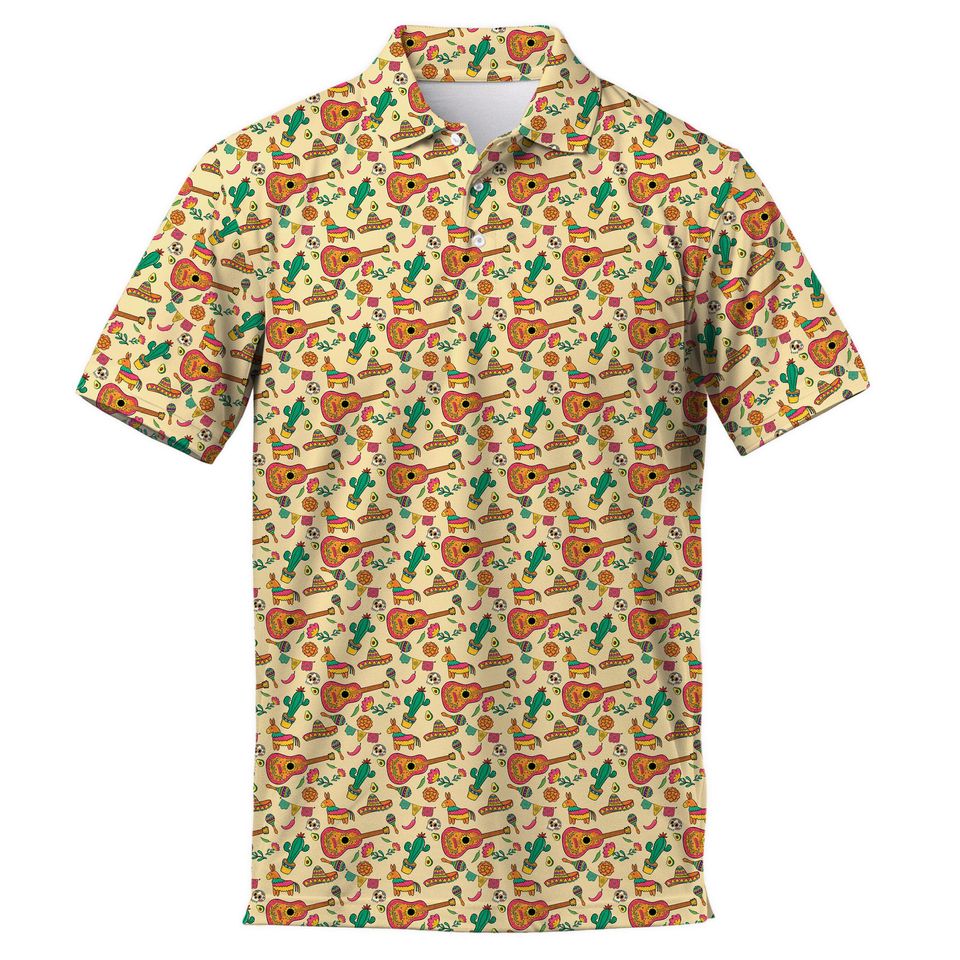 Vintage Mariachi Guitar Piata Mexico Polo, Hawaiian Golf Vacation Top, Cinco de Mayo Mens