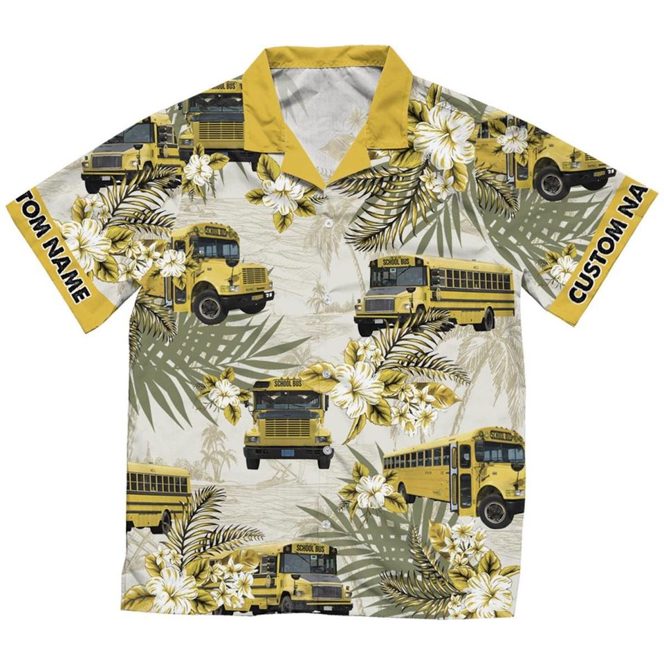 Personalized School Bus Hawaiian Shirt with Custom Name Button Down