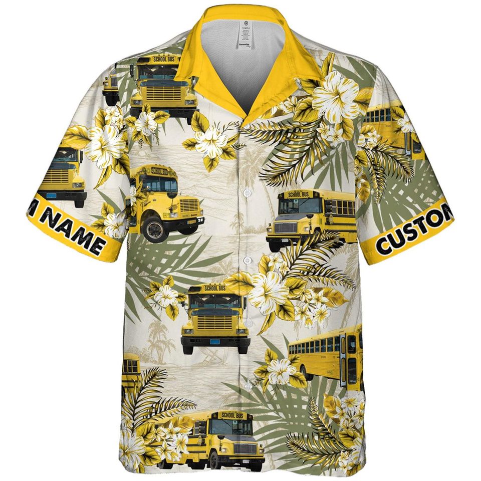 Personalized School Bus Hawaiian Shirt with Custom Name Button Down