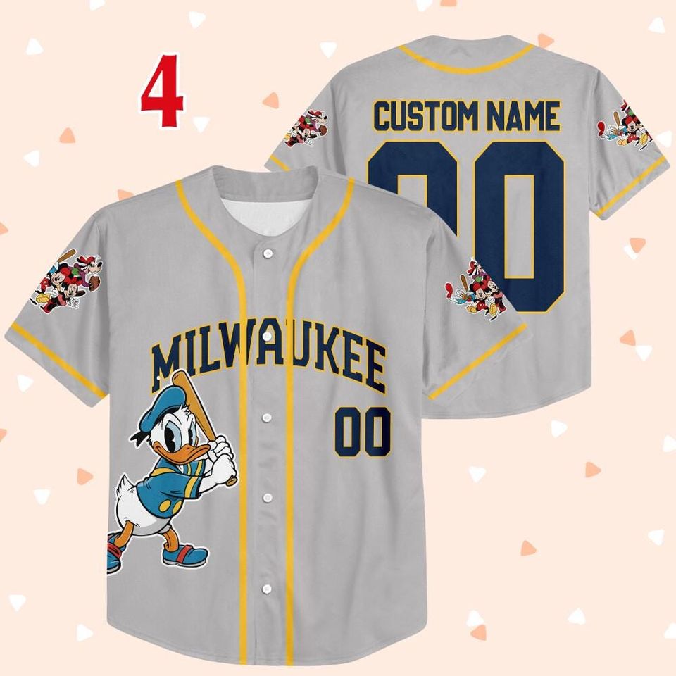 Donald Duck Brewers Baseball Team Jersey, Custom Donald Duck Milwaukee Baseball Team Jersey, Mickey Lovers, Baseball Fans