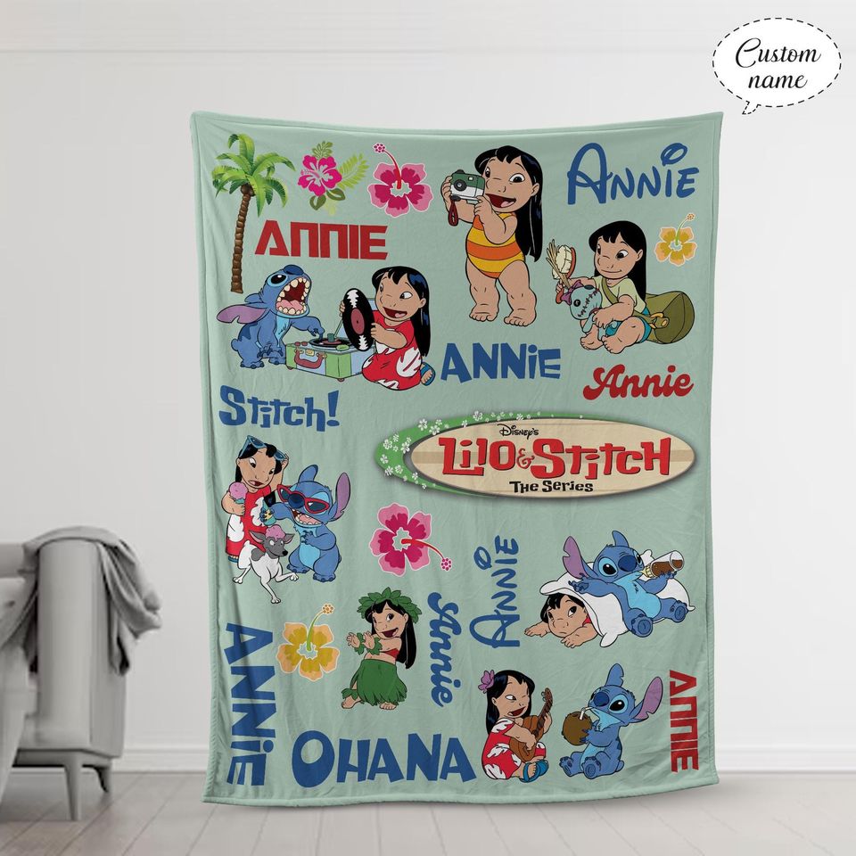 Personalized Lilo Stitch Fleece Blanket, Custom Name Kids Blanket, Disney Birthday Gift, Christmas Gift for Kids