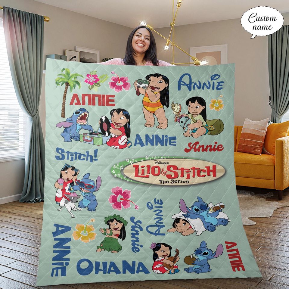 Personalized Lilo Stitch Fleece Blanket, Custom Name Kids Blanket, Disney Birthday Gift, Christmas Gift for Kids