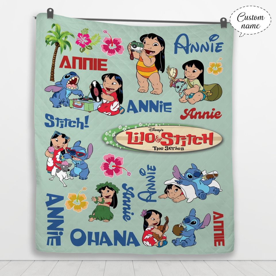 Personalized Lilo Stitch Fleece Blanket, Custom Name Kids Blanket, Disney Birthday Gift, Christmas Gift for Kids
