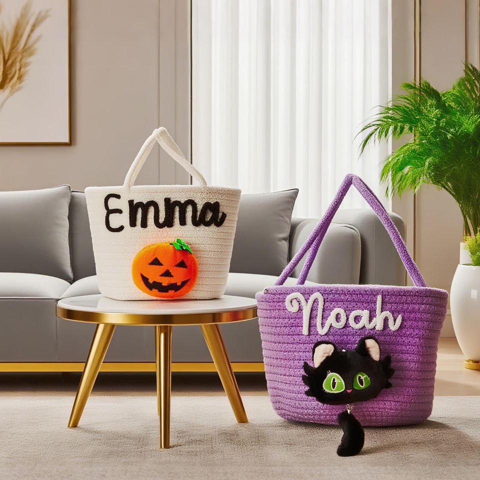 Personalized Halloween Candy Basket - Custom Named Candy Bags for Kids, Toy Storage, and Halloween Gifts