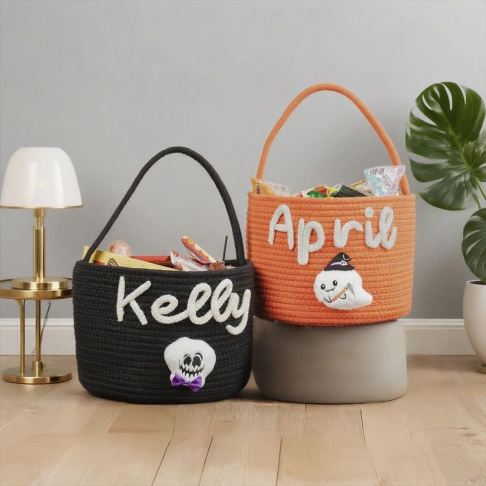 Personalized Halloween Candy Basket - Custom Named Candy Bags for Kids, Toy Storage, and Halloween Gifts