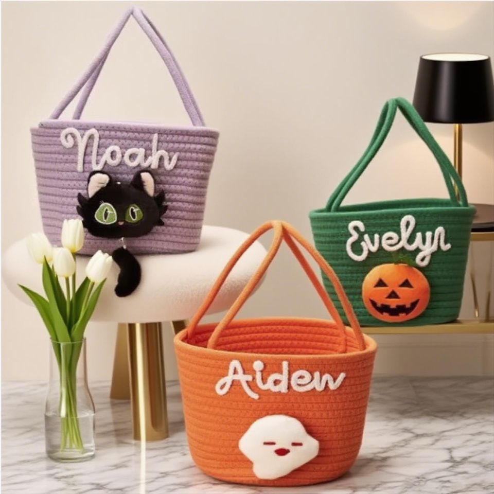 Personalized Halloween Candy Basket - Custom Named Candy Bags for Kids, Toy Storage, and Halloween Gifts