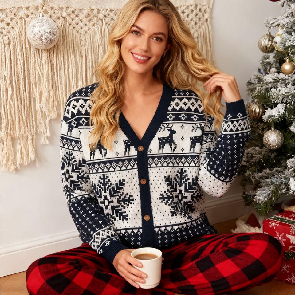 Fair Isle Christmas Cardigan: Matching Family Reindeer Snowflake Sweaters