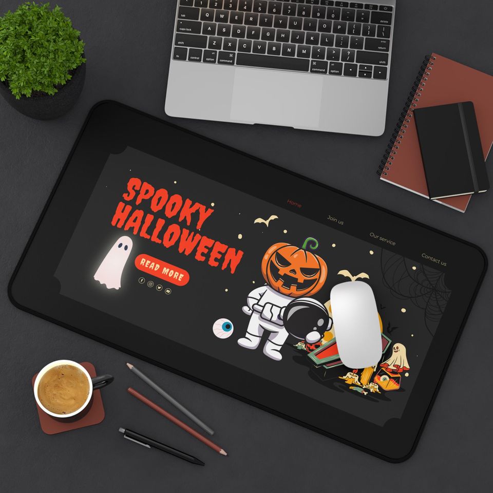 Spooky Halloween Desk Mat: Pumpkin Astronaut, Ghosts & Bats