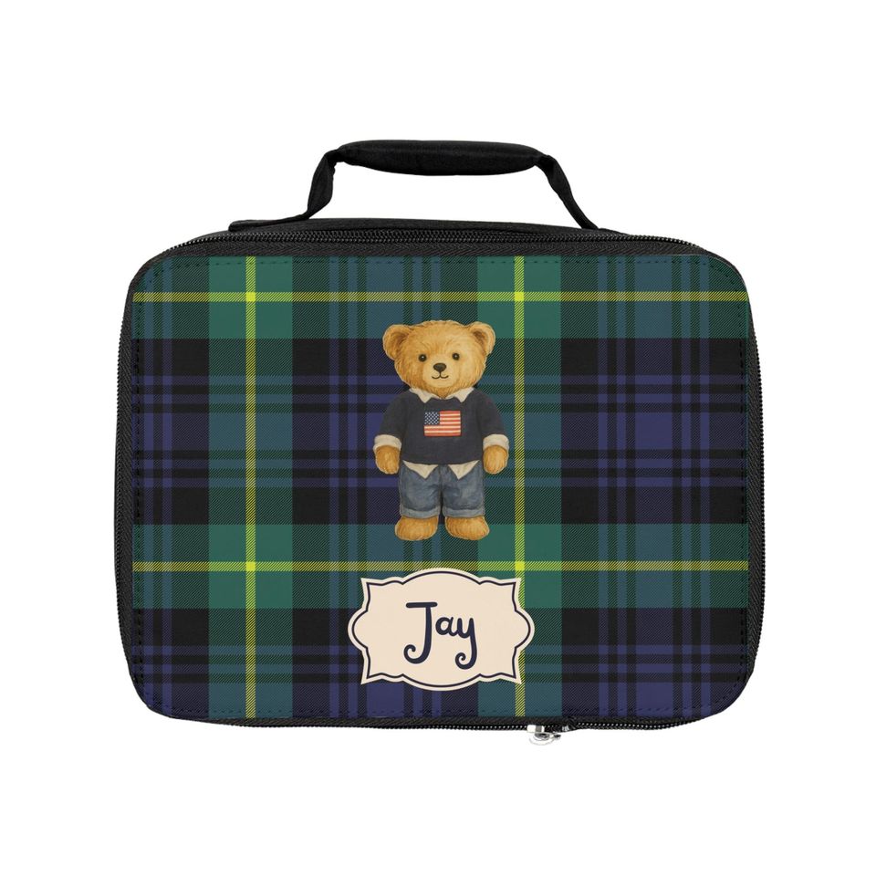 Personalized Lunch Bag, Preppy Teddy Bear Lunch Box