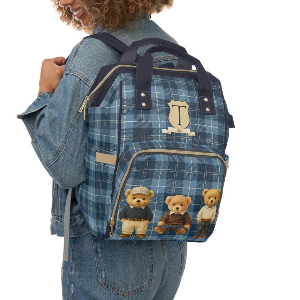 Personalized Diaper Bag Backpack, Preppy Teddy Bear Baby Bag