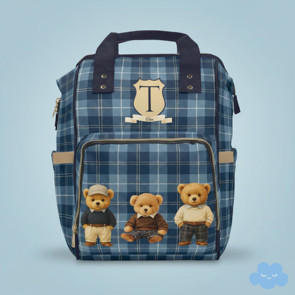 Personalized Diaper Bag Backpack, Preppy Teddy Bear Baby Bag