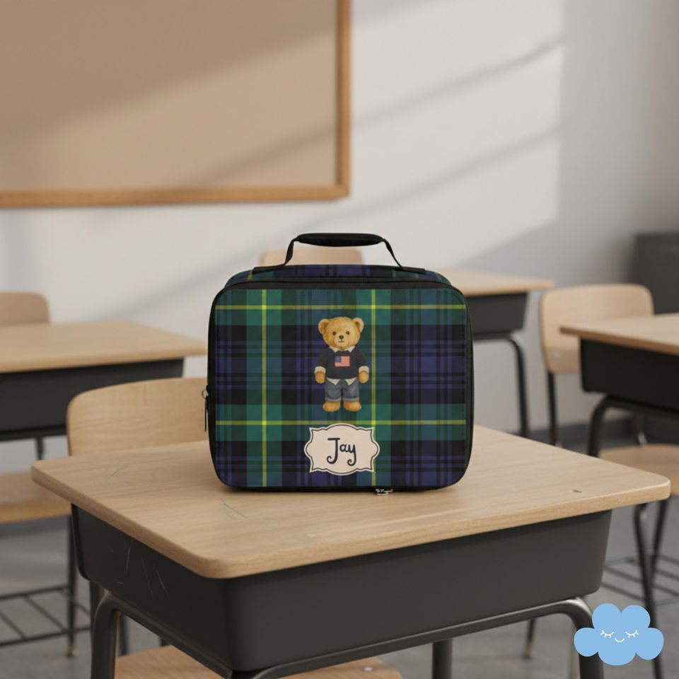 Personalized Lunch Bag, Preppy Teddy Bear Lunch Box