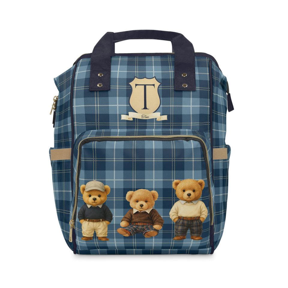 Personalized Diaper Bag Backpack, Preppy Teddy Bear Baby Bag