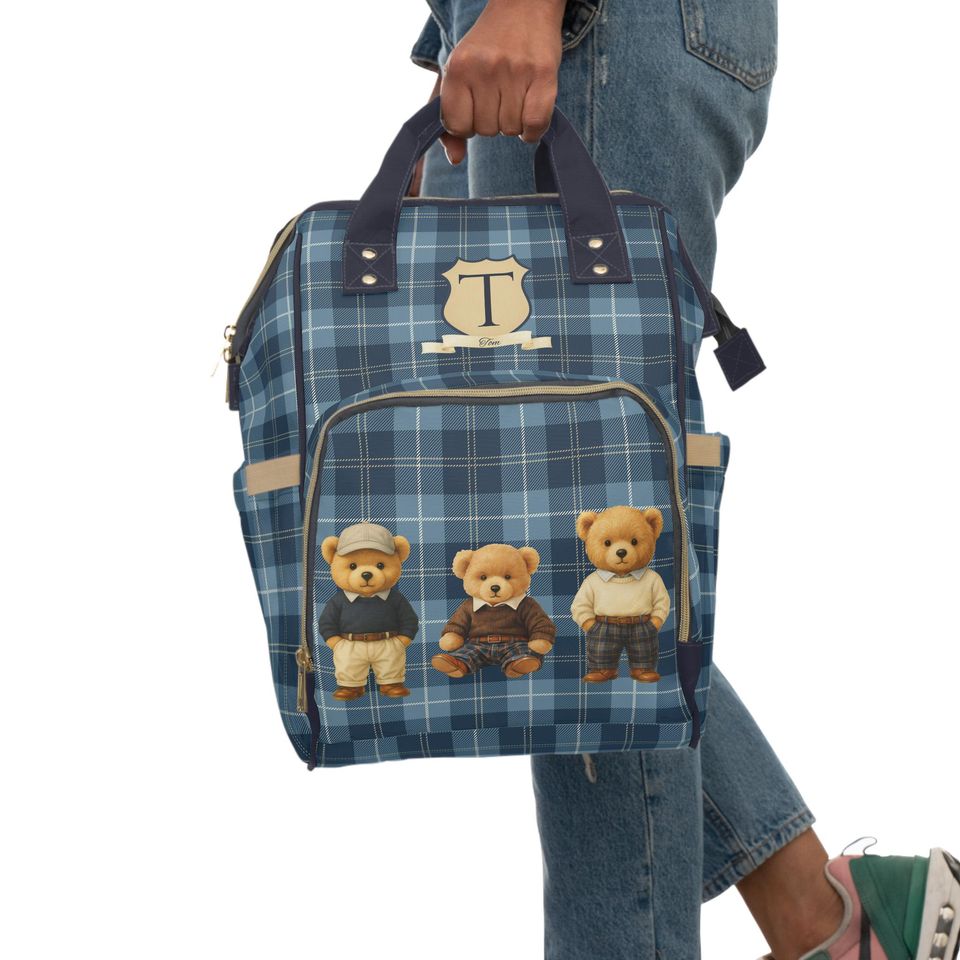 Personalized Diaper Bag Backpack, Preppy Teddy Bear Baby Bag
