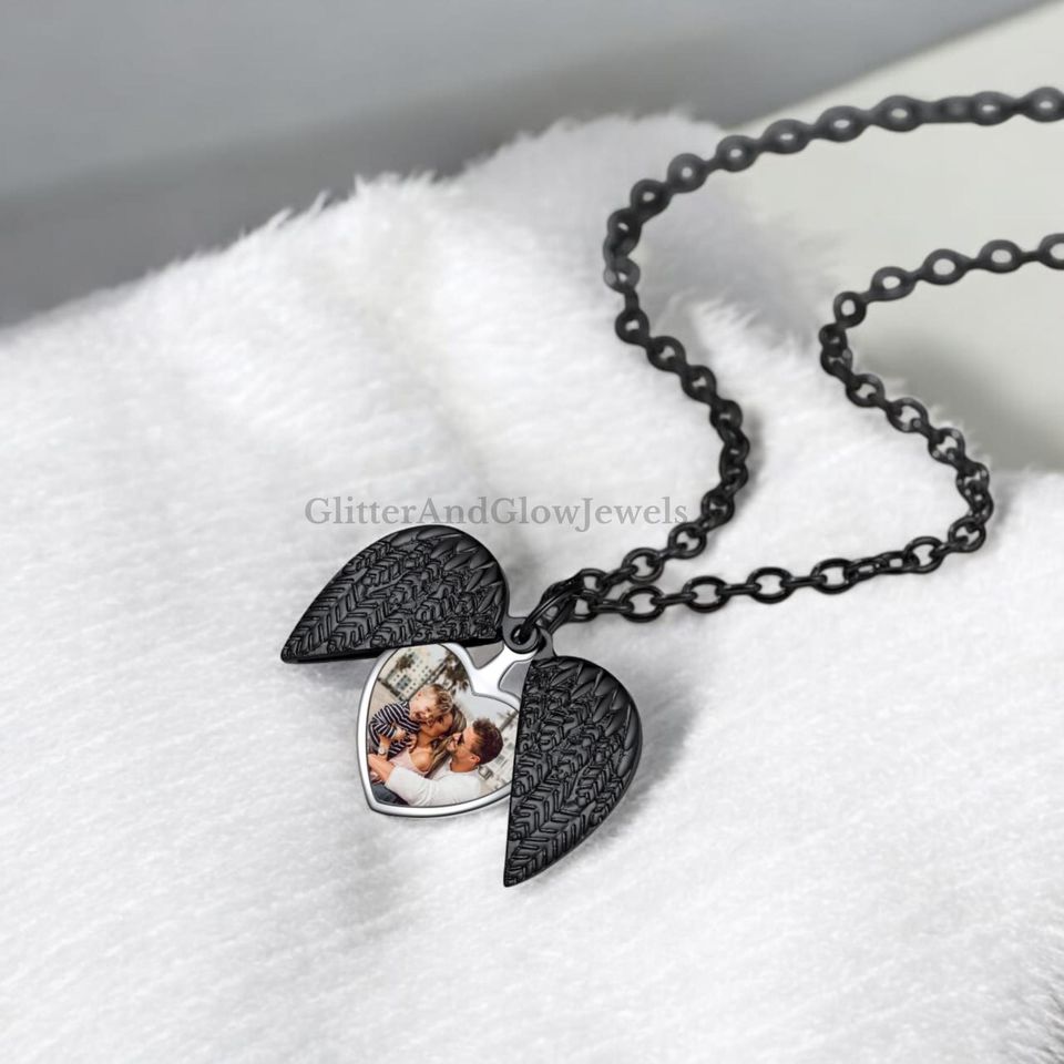 Personalized Angel Wing Heart Photo Necklace: Stainless Steel Keepsake