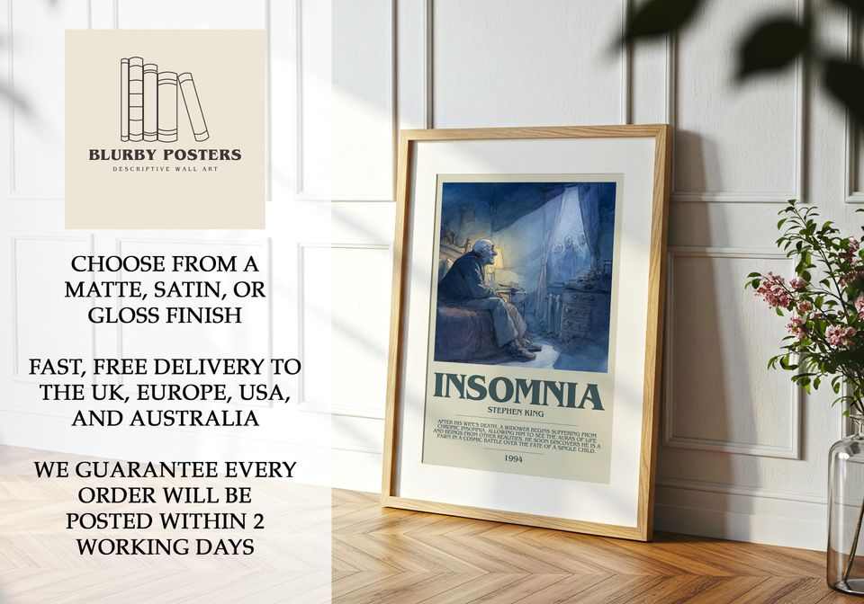 Insomnia by Stephen King Descriptive Poster Print.  Wall Art Author & Blurb Book Artwork