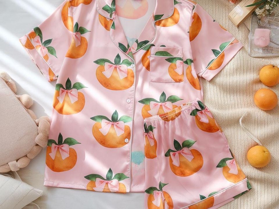 Coquette Bow Orange Fruit Pajamas Set, Bridesmaid Pajamas