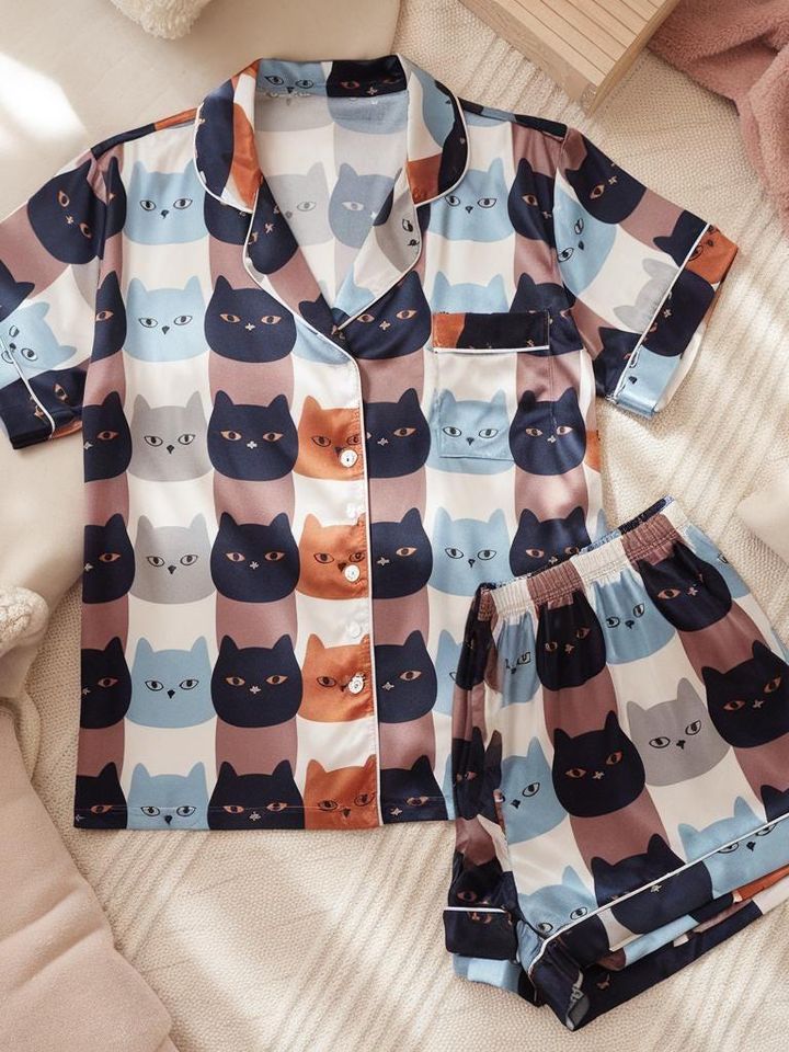 Autumn Cats Face Pajamas, Halloween Pajamas Set, Cat Pajamas, Fall Cats Pajamas