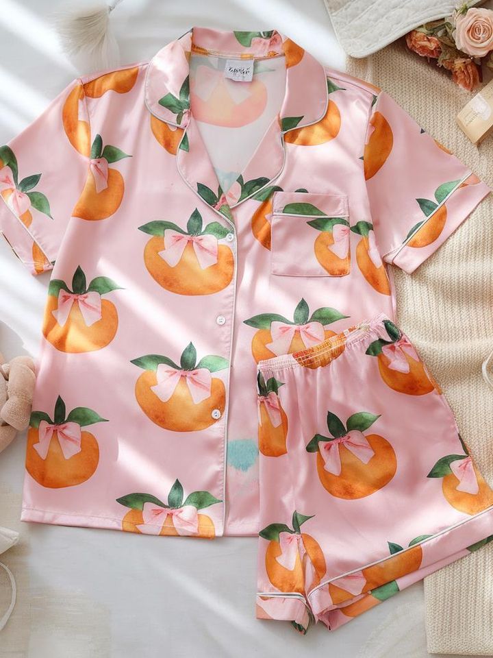 Coquette Bow Orange Fruit Pajamas Set, Bridesmaid Pajamas
