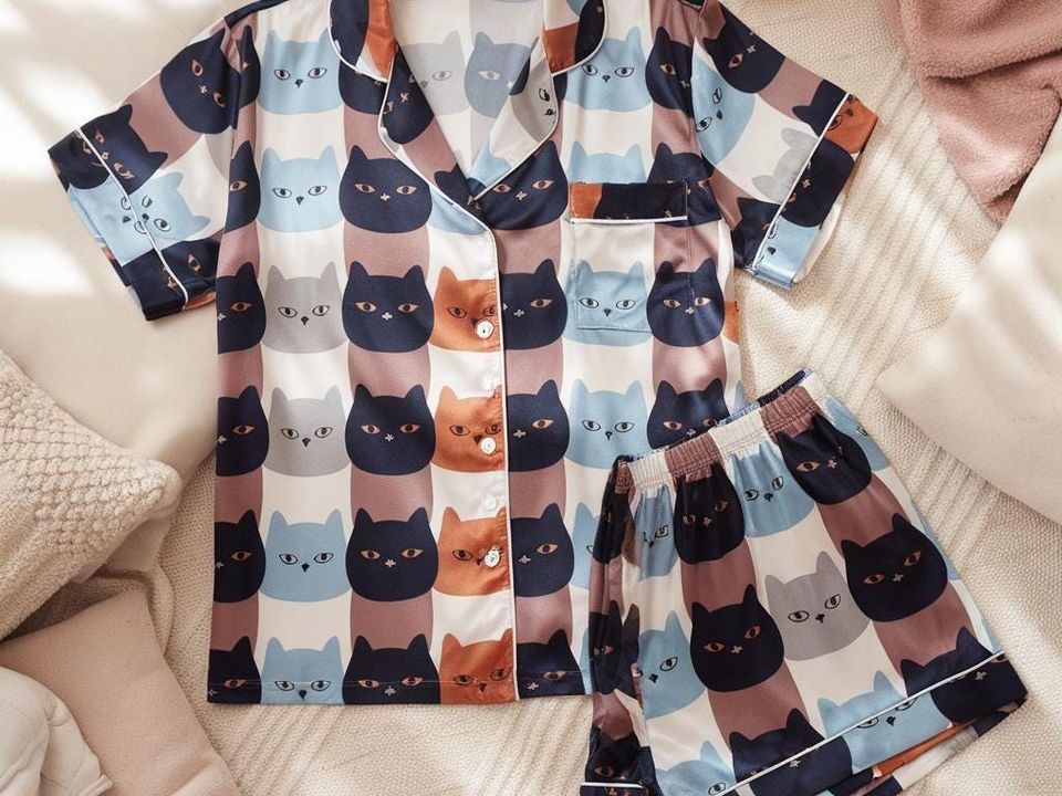 Autumn Cats Face Pajamas, Halloween Pajamas Set, Cat Pajamas, Fall Cats Pajamas