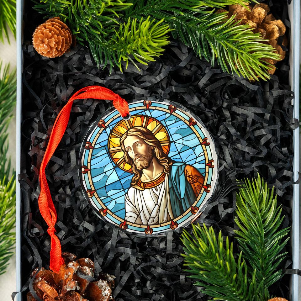 Sacred Jesus Portrait Ornament | 3" Stained Glass Style Acrylic Christmas Decoration | Christian Keepsake Gift