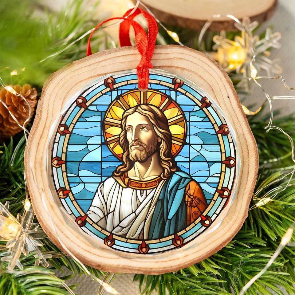 Sacred Jesus Portrait Ornament | 3" Stained Glass Style Acrylic Christmas Decoration | Christian Keepsake Gift