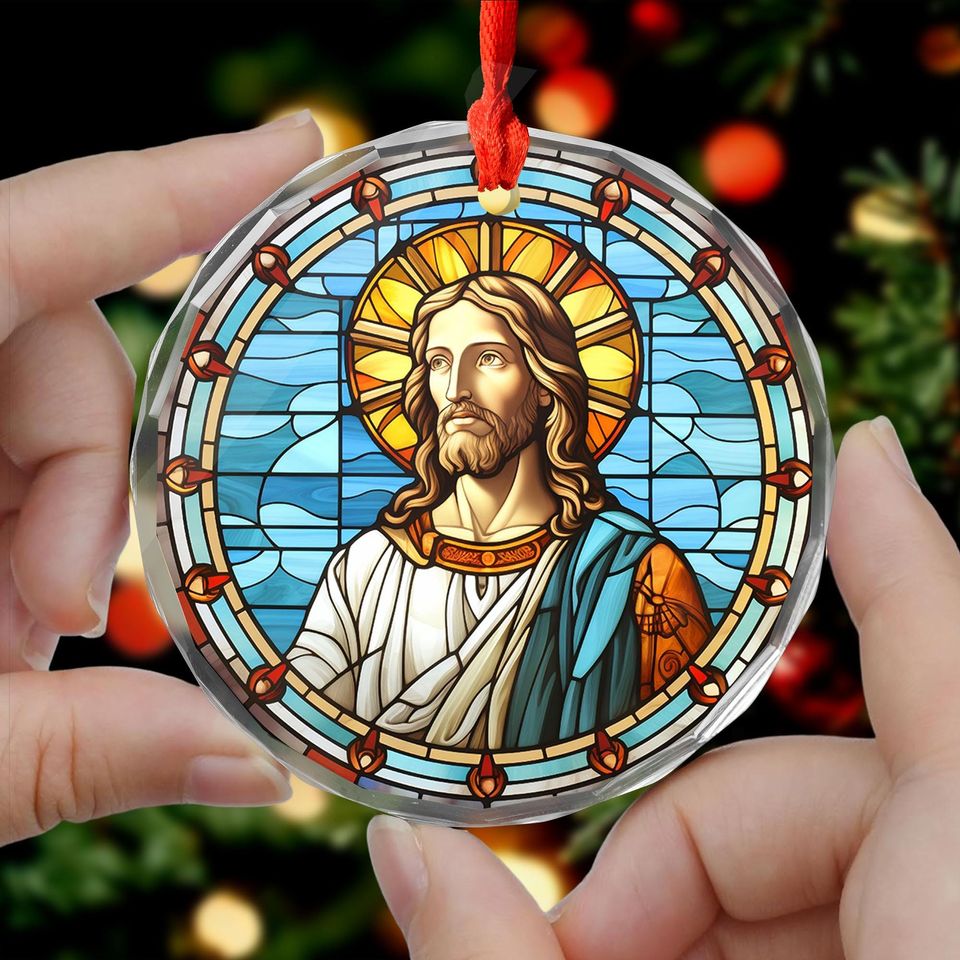 Sacred Jesus Portrait Ornament | 3" Stained Glass Style Acrylic Christmas Decoration | Christian Keepsake Gift