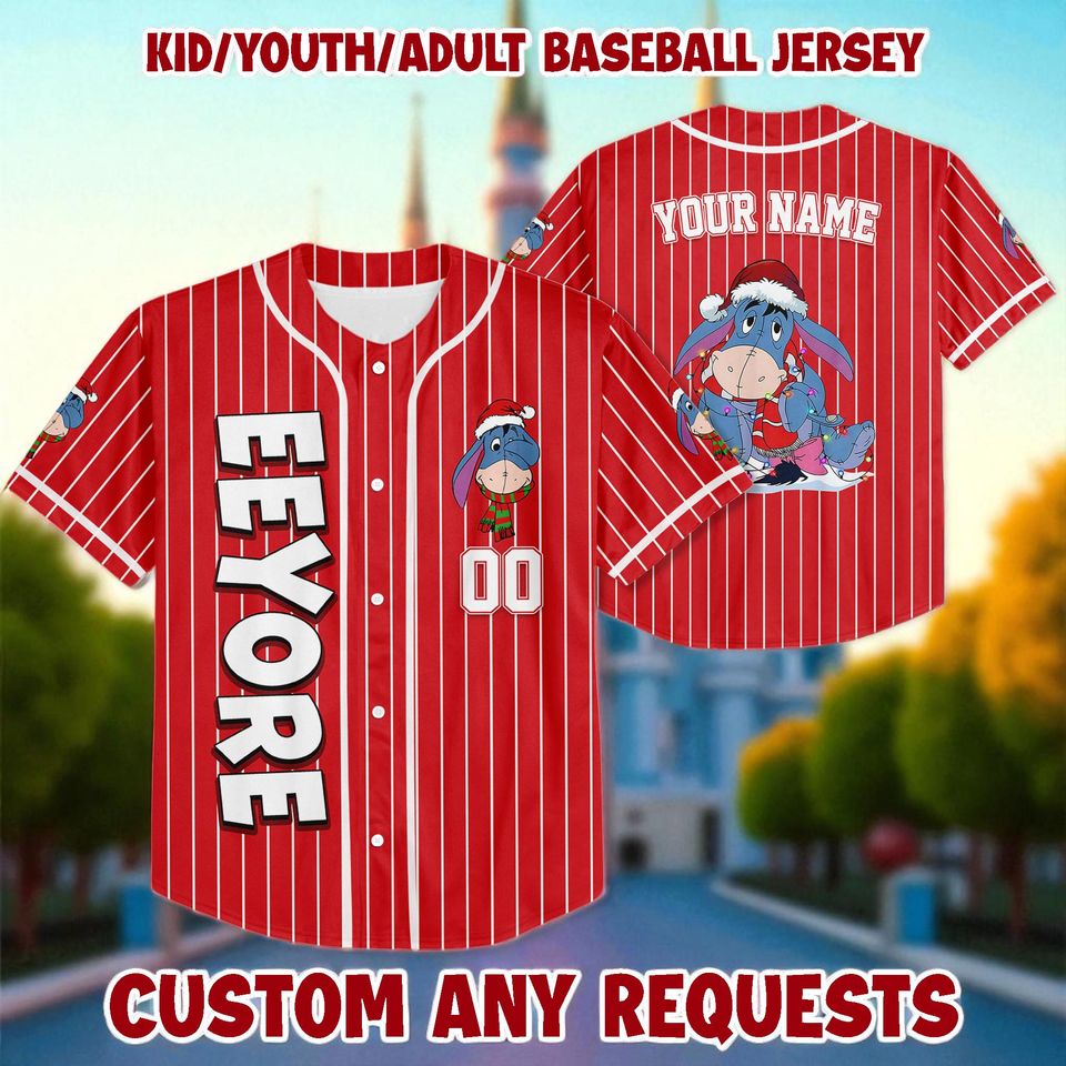 Personalized Disney Eeyore Christmas Baseball Jersey, Custom Eeyore Jersey Shirt