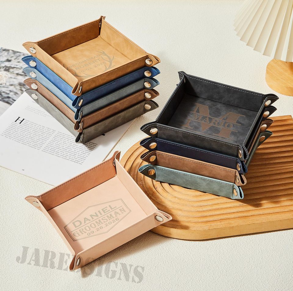Leather Tray for Men, Personalized Fathers Day Gift, Engraved Vegan Leather Valet Tray