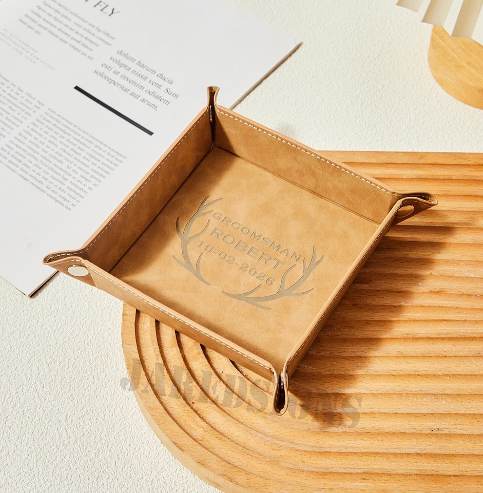 Leather Tray for Men, Personalized Fathers Day Gift, Engraved Vegan Leather Valet Tray