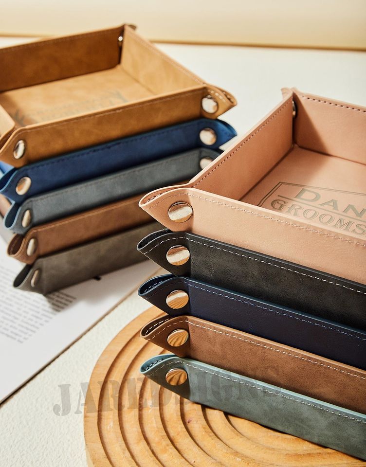 Leather Tray for Men, Personalized Fathers Day Gift, Engraved Vegan Leather Valet Tray