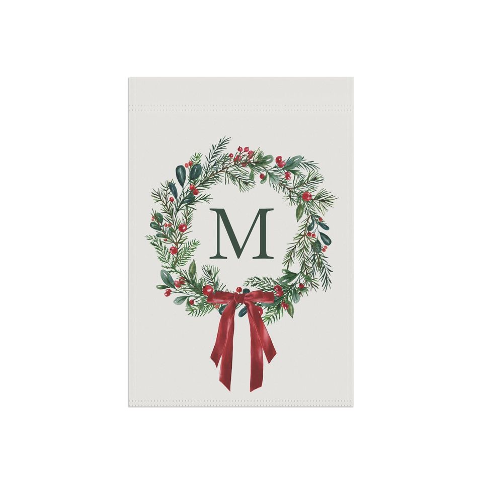 Personalized Christmas Wreath Garden Flag - Holiday Monogram Yard Decor