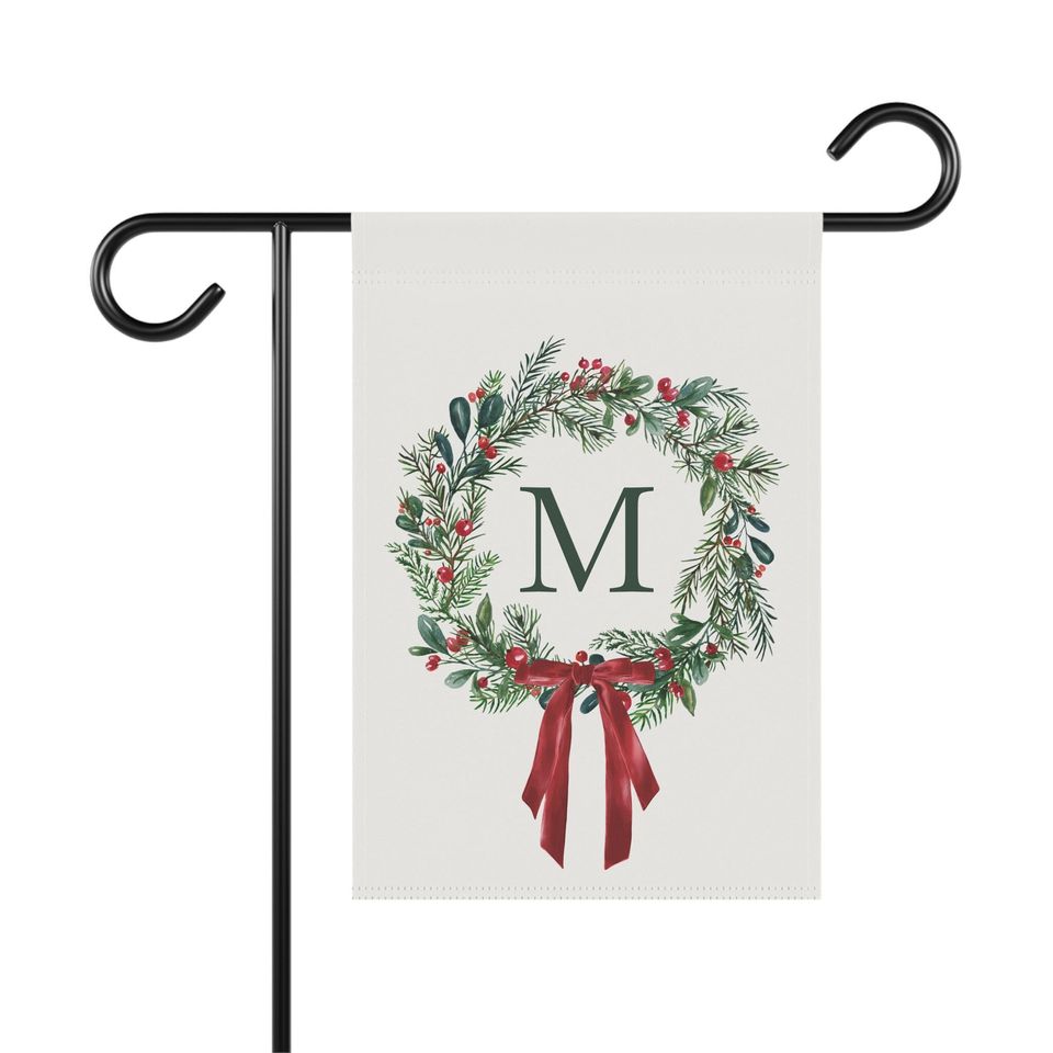 Personalized Christmas Wreath Garden Flag - Holiday Monogram Yard Decor