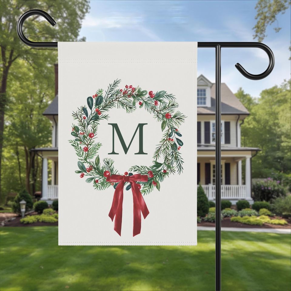 Personalized Christmas Wreath Garden Flag - Holiday Monogram Yard Decor