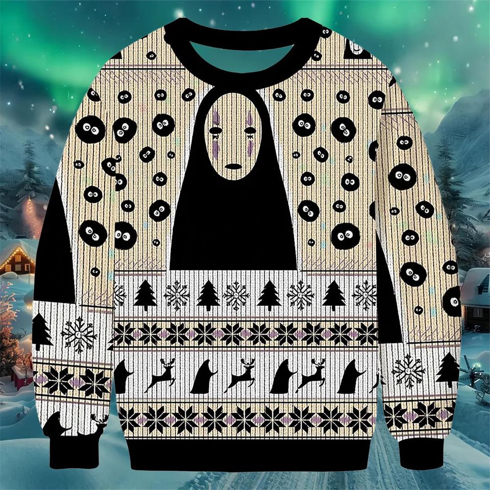 Faceless Spirit Ugly Christmas Sweater Beige and Black Holiday Knit Pullover with Forest and Snowflake Pattern Winter Outfit