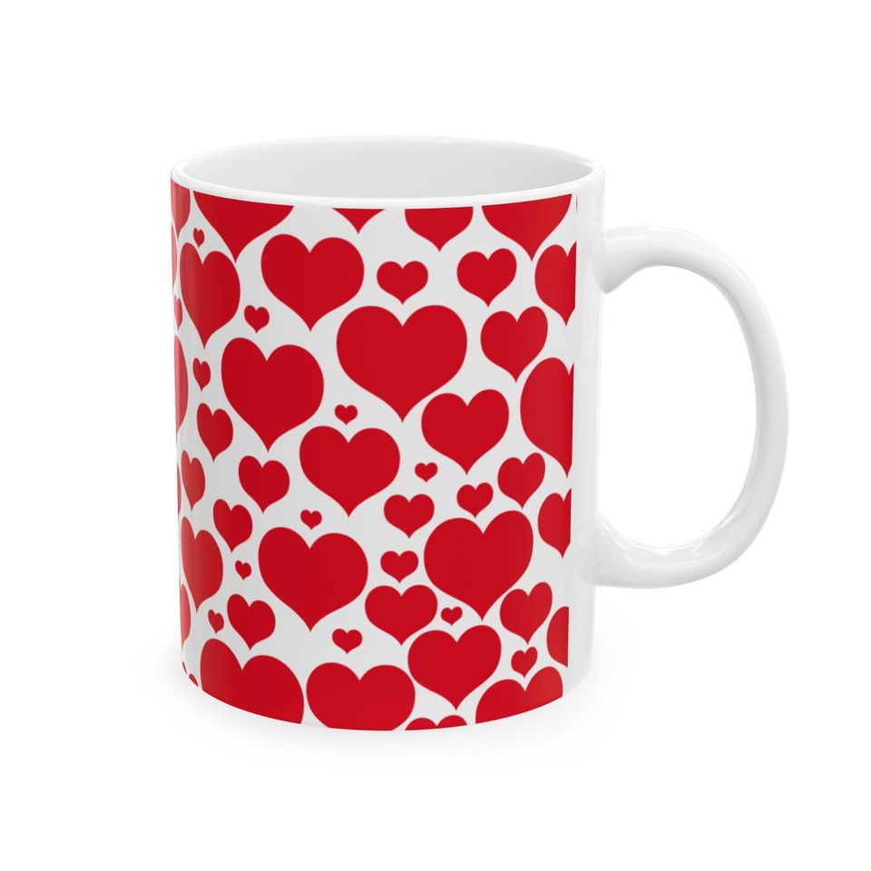 Red Heart Pattern Mug | Valentine's Day Ceramic Coffee Cup
