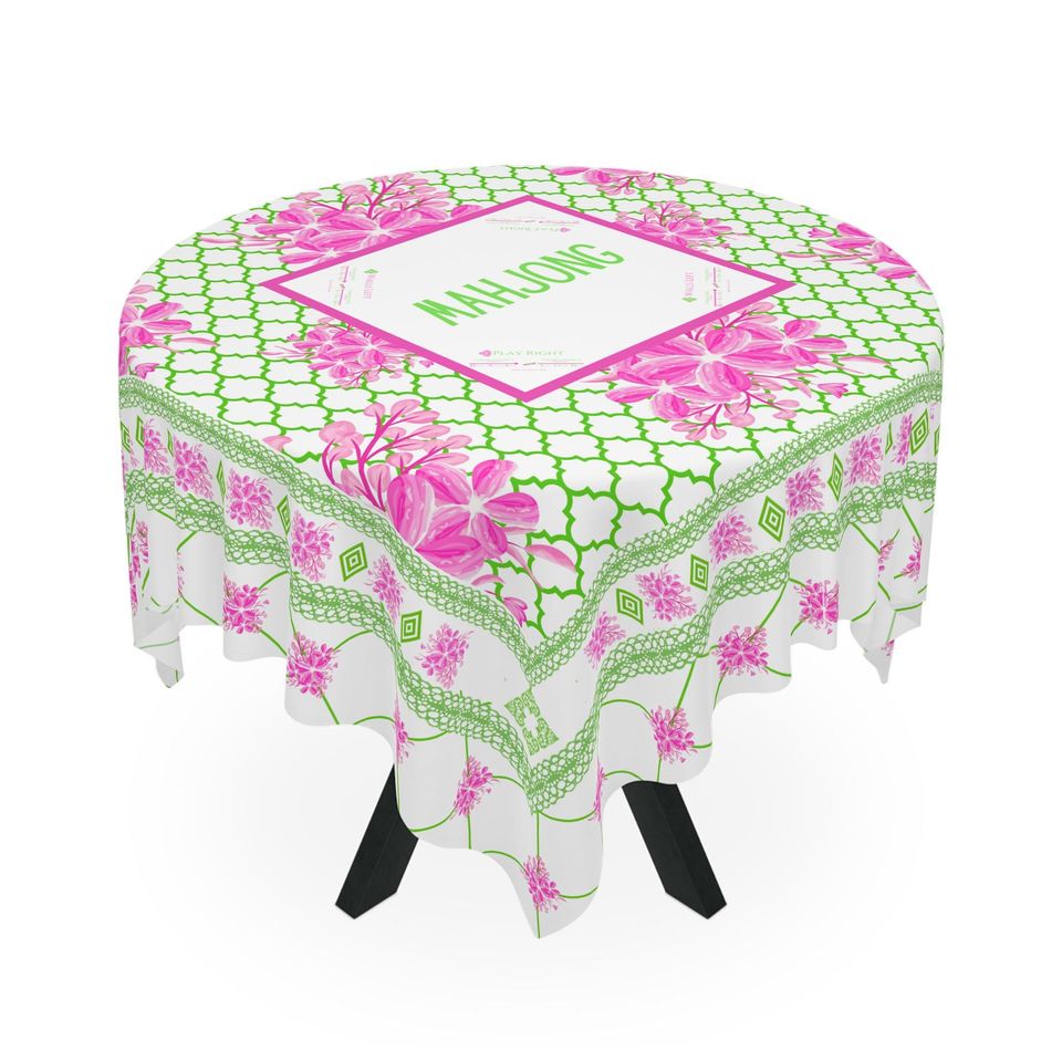 Preppy Mahjong Tablecloth with Charleston Instructions | Pink Green Floral Mahjong Game Table Mat