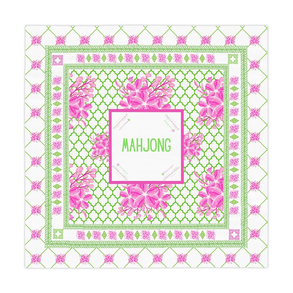 Preppy Mahjong Tablecloth with Charleston Instructions | Pink Green Floral Mahjong Game Table Mat