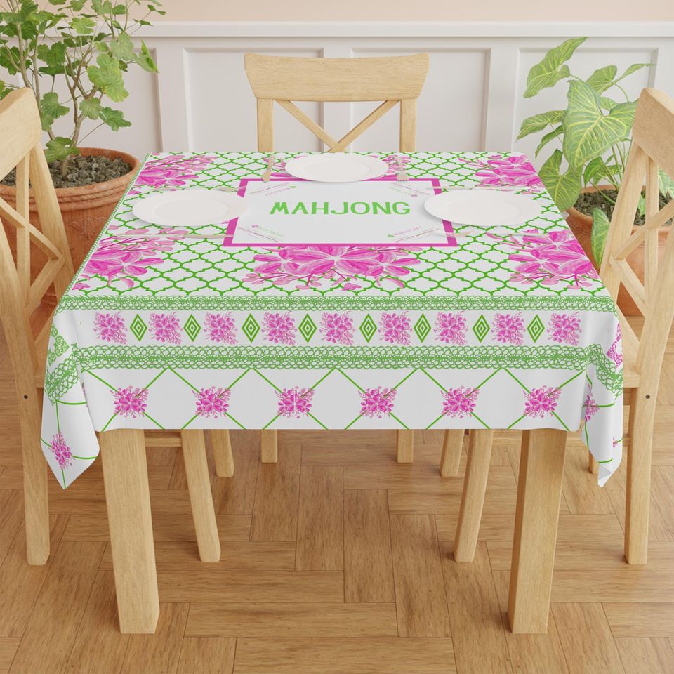 Preppy Mahjong Tablecloth with Charleston Instructions | Pink Green Floral Mahjong Game Table Mat