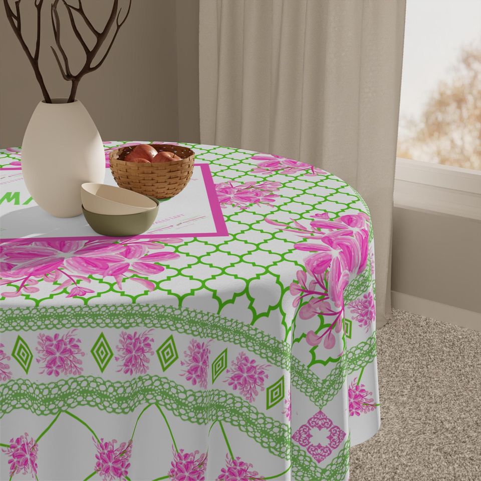 Preppy Mahjong Tablecloth with Charleston Instructions | Pink Green Floral Mahjong Game Table Mat