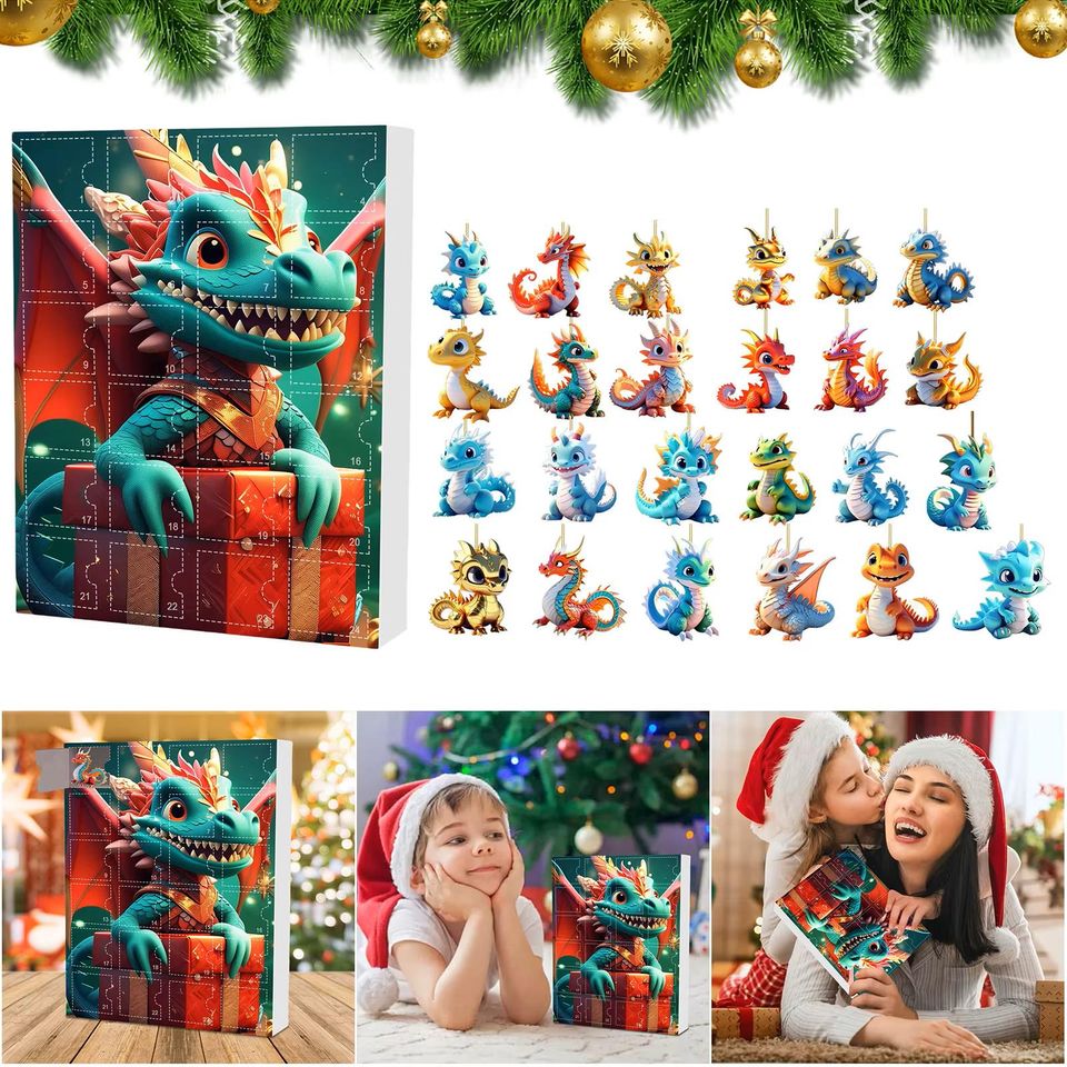 2025 Dragon Advent Calendar with 2D Acrylic Dragon Ornaments for Christmas Tree (C)
